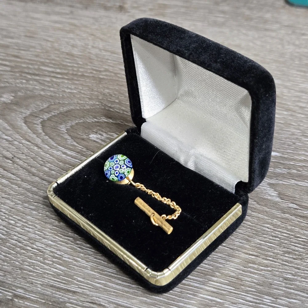 Vintage Millefiori Glass Mosaic Tie Tack Gold Tone Guard Chain Pin